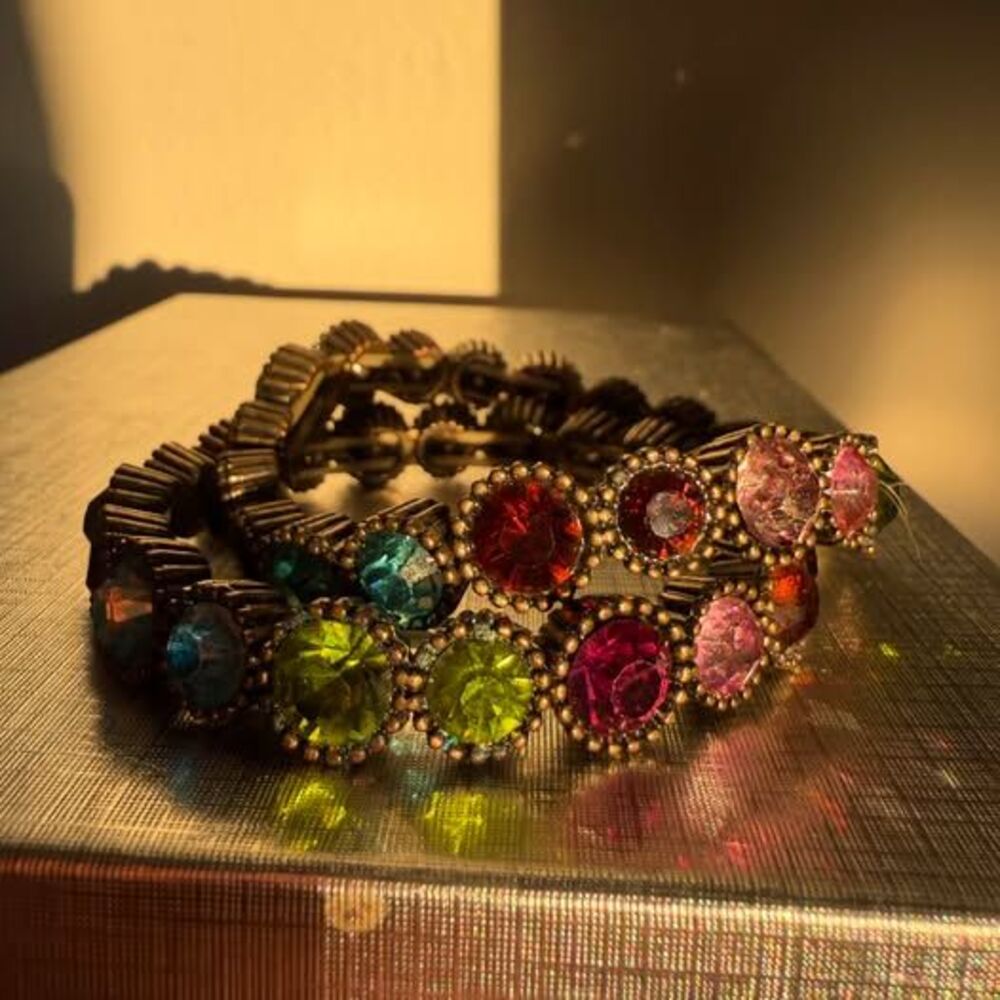 Vintage Jewel-Tone Rhinestone Stretch Bracelets (Set of 2)